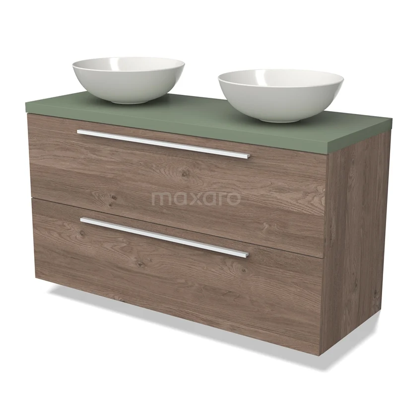 Houten badkamermeubel met groene wastafelblad en twee witte waskommen, modern design met strakke lades.