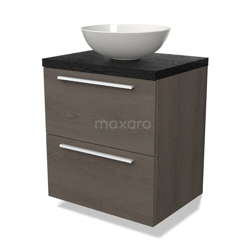 Vanity unit with dark wood drawers, black worktop and white countertop wash basin, ideal for a modern bathroom design.