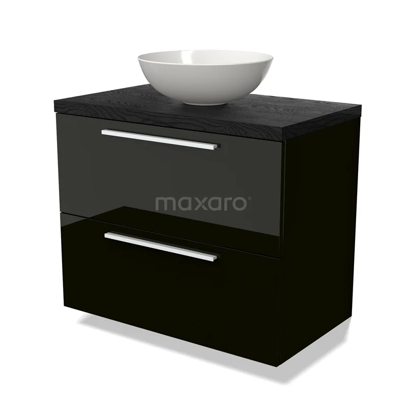 Modulo Plato Vanity units for countertop basin | 80 cm High-gloss black Flat front Black oak worktop 2 Stacked drawers BMK17-02682