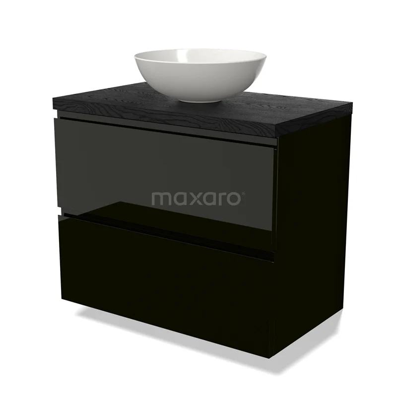 Modulo Plato Vanity units for countertop basin | 80 cm High-gloss black Handle-less front Black oak worktop 2 Stacked drawers BMK17-02683