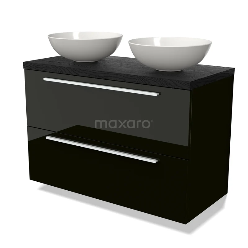 Black high-gloss bathroom unit with two white countertop wash basins, sleek design and metal handles, ideal for modern bathrooms.