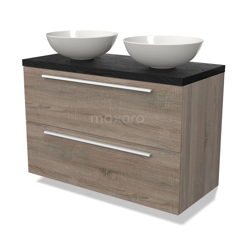 Waschtischunterschrank mit Konsole BMK17-02716 Holz Badezimmermöbel mit zwei weißen Aufsatzwaschbecken, schwarzer Platte, Schubladen mit silbernen Griffen, ideal für ein modernes Badezimmer.