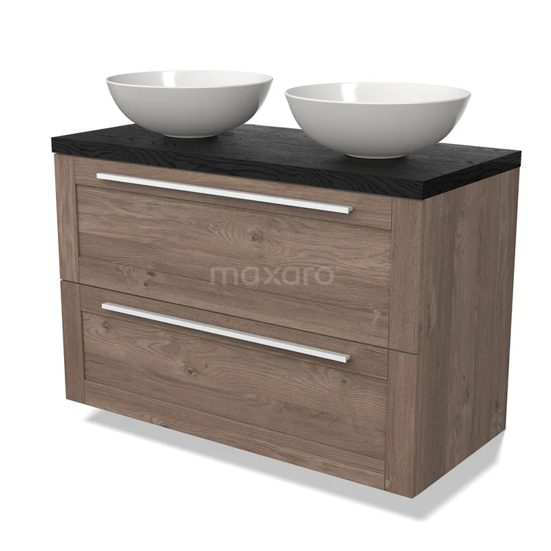 Houten badkamermeubel met dubbele waskommen, zwarte blad en twee lades, moderne uitstraling voor stijlvolle badkamers.