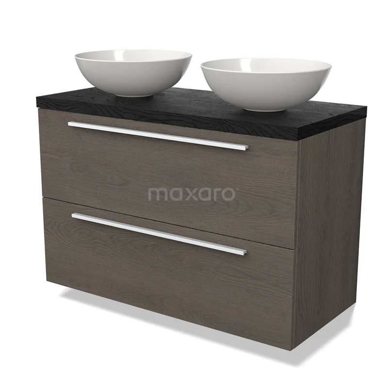 Badkamermeubel houtlook met zwart blad en dubbele waskom, modern design met ruime lades.