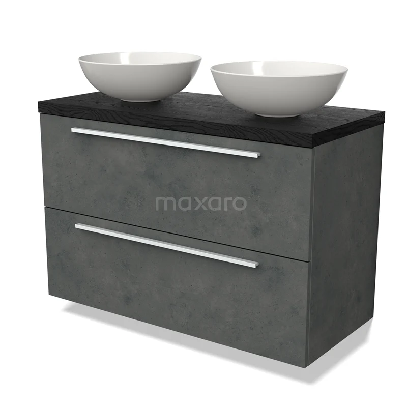 Grey bathroom furniture set with two white basin bowls, black top, matte concrete look, modern design with two drawers.