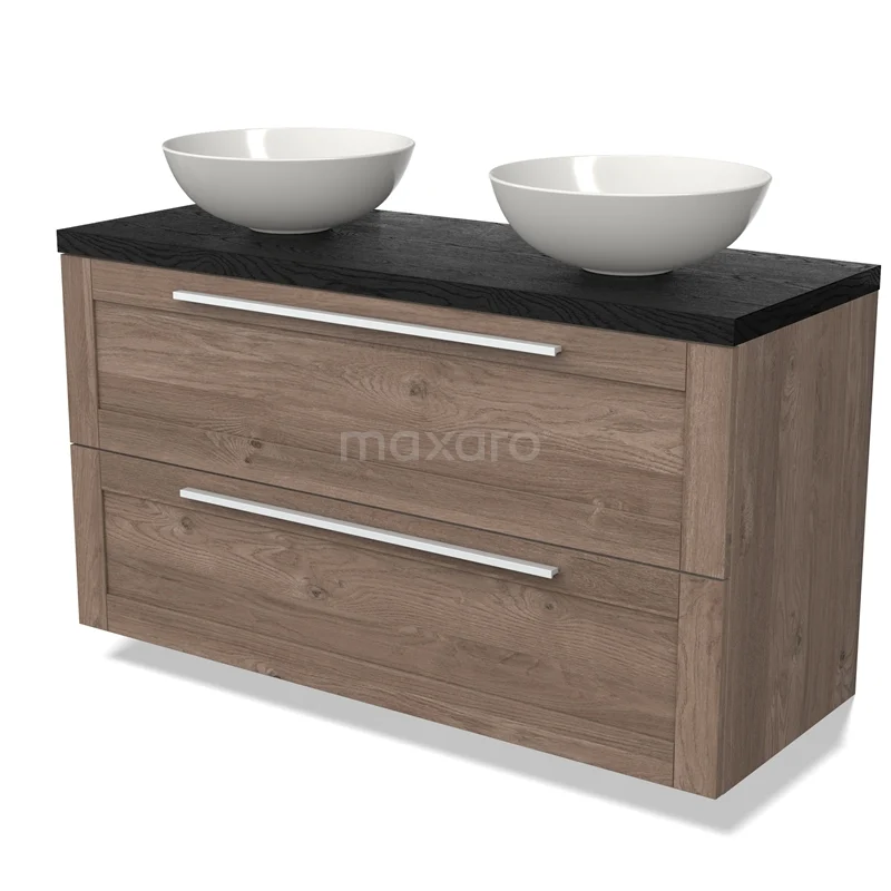 Wooden bathroom unit with two white countertop wash basins, black metal worktop and handles, modern design in oak look.