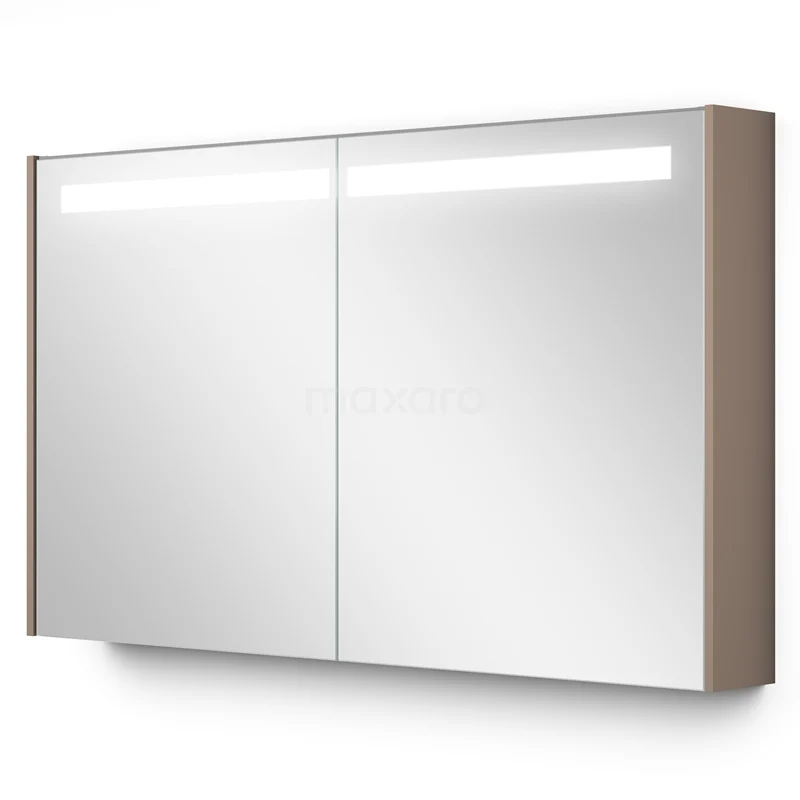 Badkamerkast met spiegeldeuren, LED-verlichting en houten zijkant, moderne opbergoplossing voor uw badkamer.