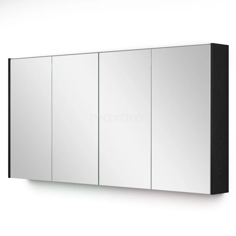 Spiegelschrank mit Beleuchtung Modulo 137.6x70cm Schwarze Eiche K99-1400-59009-31 Schwarzer Badezimmerspiegelkasten mit vier Spiegeltüren, minimalistisches Design, ideal für moderne Badezimmerlagerung.