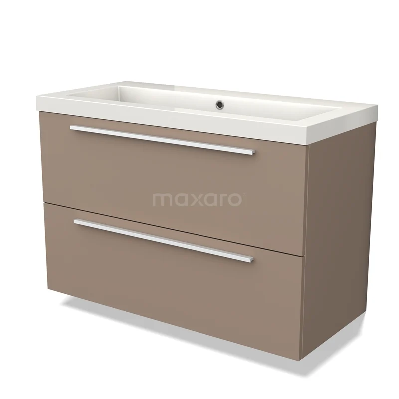 Modulo Waschtische | 100 cm Taupe Flach front Mineralguss 2 übereinanderliegende Schubladen BMW17-03996 Braune Badmöbelset mit zwei Schubladen, eleganten chromfarbenen Haltegriffen und weißem Waschbecken, modernes und platzsparendes Design.