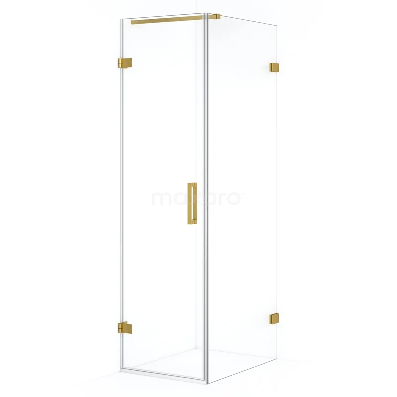 Glazen douchecabine met gouden scharnieren en handgreep, minimalistisch design, ideaal voor moderne badkamers.