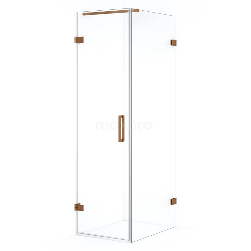 Glazen douchecabine met goudkleurige details, strak design en hoekvorm, ideaal voor een moderne badkamer.