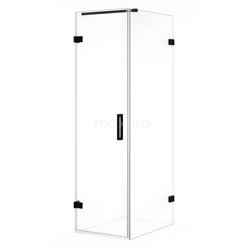 Glazen douchecabine met zwarte scharnieren, hoekmodel, strak design, perfect voor moderne badkamers.