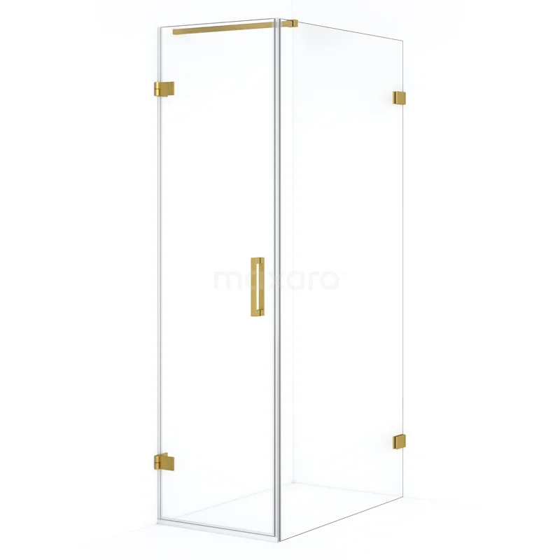 Glazen douchecabine met gouden scharnieren en handgreep, strak design, ideaal voor een moderne badkamerstijl.