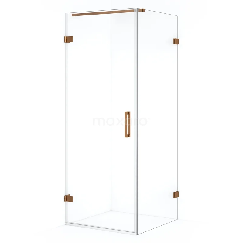 Glazen douchecabine met houten accenten, strak design, perfect voor een moderne badkamer.