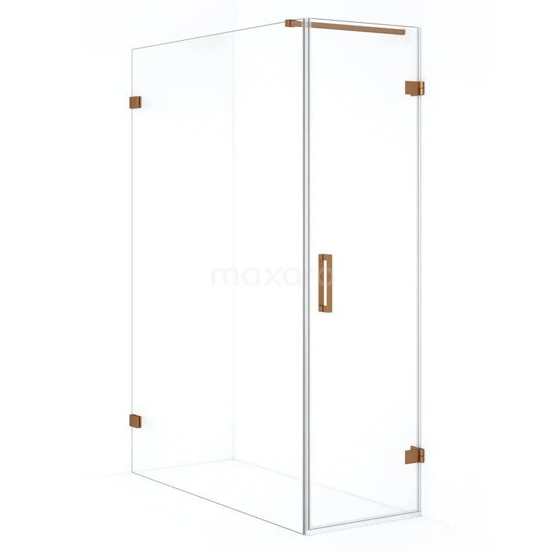Glazen douchecabine met bronskleurige accenten, strakke hoeken en doorzichtig design, ideaal voor een moderne badkamer.