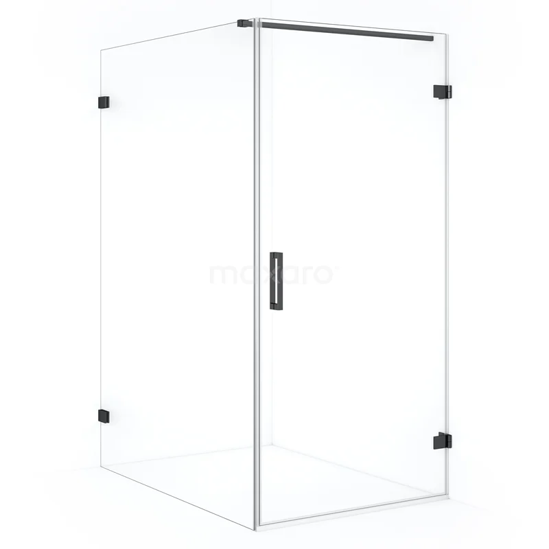 Glazen douchecabine met helder glas, zwart metalen beslag en een strak modern design, ideaal voor een stijlvolle badkamer.