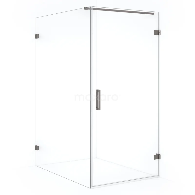 Glazen douchecabine met hoekinstap, minimalistisch ontwerp, helderglas en metalen scharnieren, ideaal voor een moderne badkamer.
