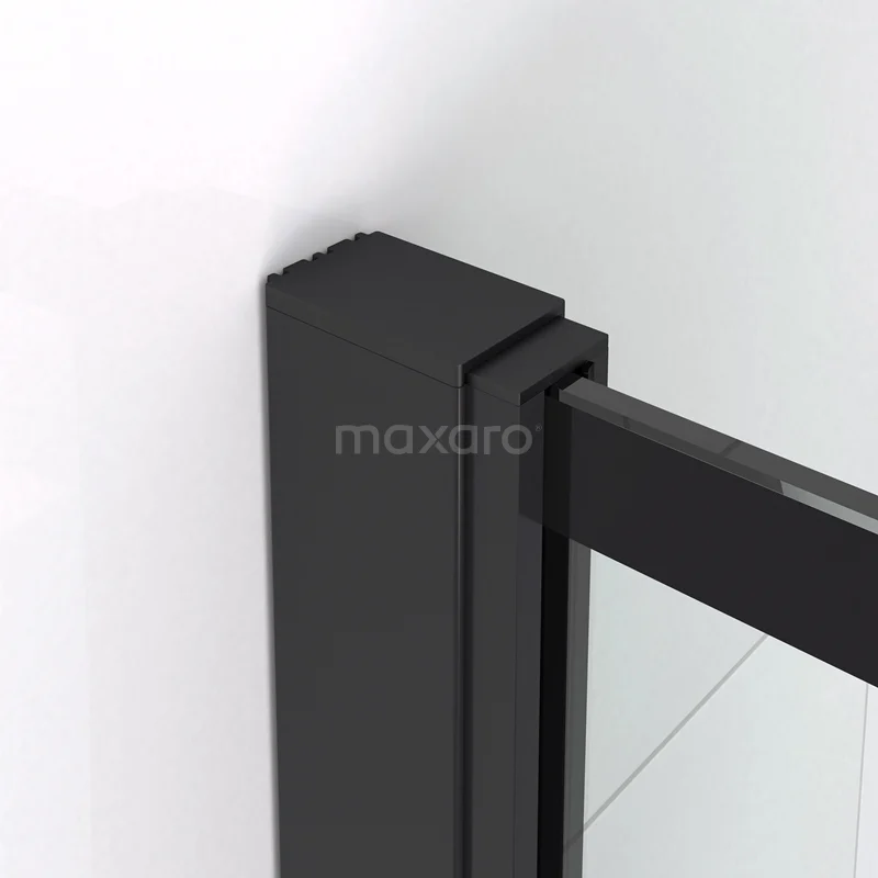 Begehbare Dusche Diamant 90cm aus klarem Sicherheitsglas mit 6 schwarzen Streifen Matt Schwarz IDA09134MB Schwarze Aluminiumprofile von einer Duschwand mit Klarglas, elegantes Design für ein modernes Badezimmer.