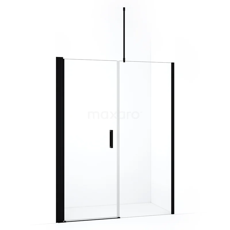 Glass shower screen with black aluminium profiles, sliding door and minimalist design for a modern bathroom style.