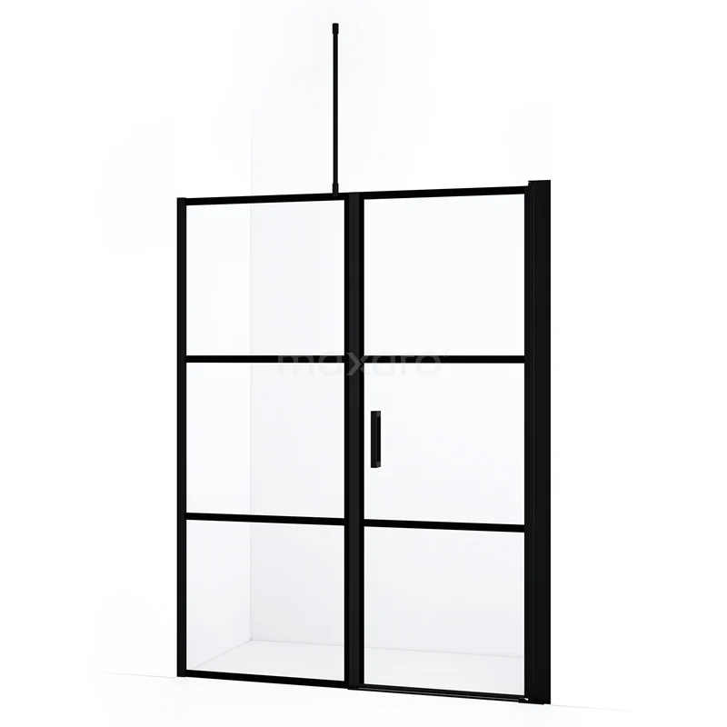 Diamond Douchedeur | 150 cm Mat zwart Helder met 4 zwarte strepen Draaideur DDC1207081718MBN Zwarte stalen douchewand met helder glas, industrieel design, geschikt voor moderne badkamers, met verticale handgreep.