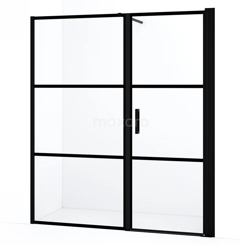 Diamond Douchedeur | 160 cm Mat zwart Helder met 4 zwarte strepen Draaideur DDC1207091118MBN Zwarte industriële douchewand met deur, mat zwart frame en helder glas, perfect voor een moderne badkamerstijl.