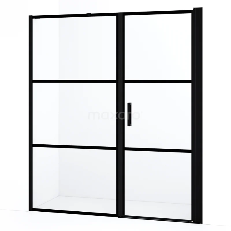 Diamond Douchedeur | 160 cm Mat zwart Helder met 4 zwarte strepen Draaideur DDC1207091218MBN Zwart stalen glazen douchedeur met modern rasterdesign, ideaal voor een stijlvolle industriële badkamerinrichting.