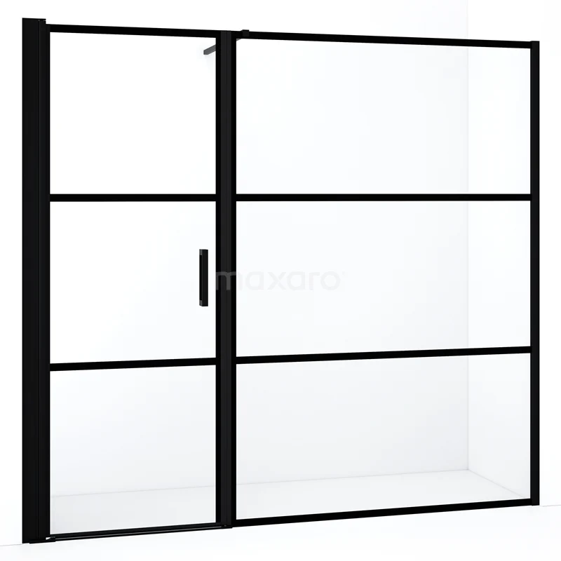 Duschtür Diamond DDC1108141118MBN Schwarze industrielle Duschwand mit Matt Schwarz Rahmen, Klarglas und Drehtür, ideal für moderne Bäder.