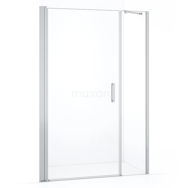 Glass shower door with silver frame, sliding mechanism and minimalist design, ideal for modern bathrooms.