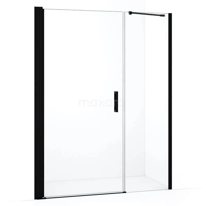 Glass shower door with black frame, sliding mechanism and minimalist design, ideal for a modern bathroom.