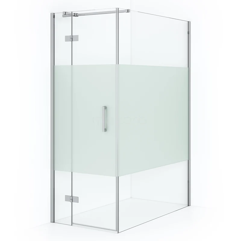 Diamond Shower cabin | 140x90 cm Chrome Clear with matt strip Pivot door Rectangle CDB213614313C Glass shower enclosure with matte white panel, angular design and stainless steel accents for a modern bathroom interior.