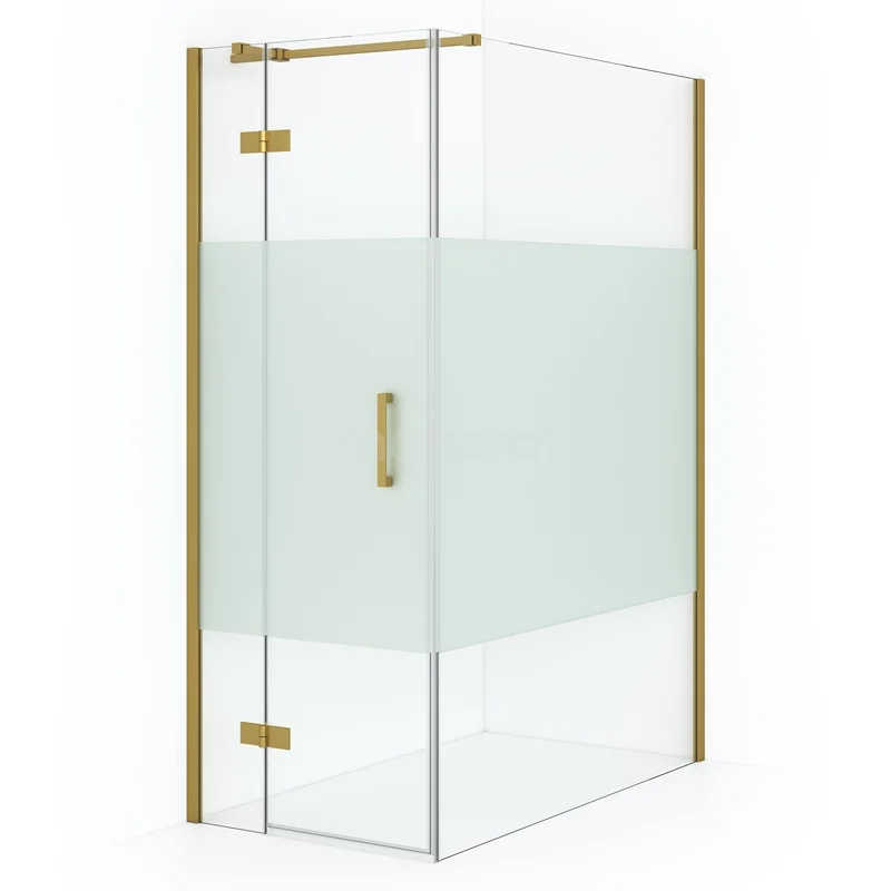 Diamond Shower cabin | 140x90 cm Gold Clear with matt strip Pivot door Rectangle CDB213614313GGN Glass shower enclosure with gold details and partly frosted glass, perfect stylish addition to any modern bathroom.