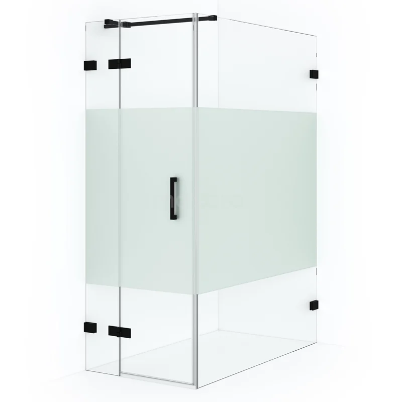 Diamond Shower cabin | 140x90 cm Matte black Clear with matt strip Pivot door Rectangle CDB213614323MB Corner shower cabin in clear glass with frosted glass central strip, black hinges and Handle, ideal for a modern bathroom.