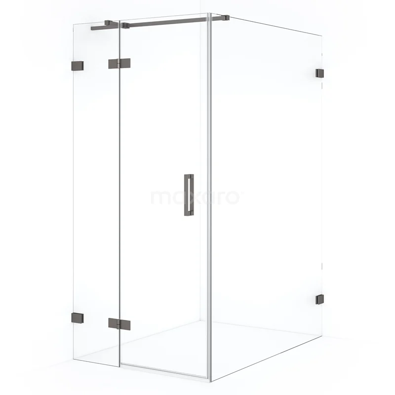 Diamond Shower cabin | 140x100 cm Black metal Clear glass Pivot door Rectangle CDB214614320ZM Glass shower enclosure with hinged doors, minimalist design and stainless steel accents for a modern bathroom.