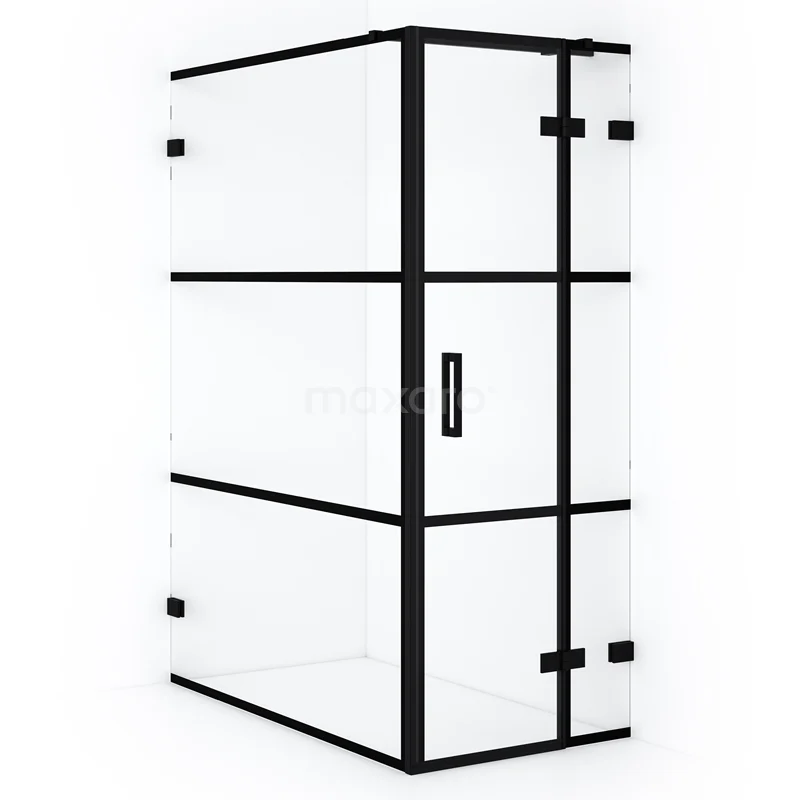 Diamond Shower cabin | 140x90 cm Matte black Clear with 4 black stripes Pivot door Rectangle CDB223614328MB Shower enclosure Black Line with matte black accents, frosted glass walls and corner step; modern eye-catcher for any bathroom.