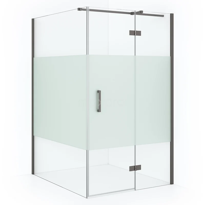 Glass shower enclosure with frosted glass, corner step and metal profiles, ideal for modern bathroom design.