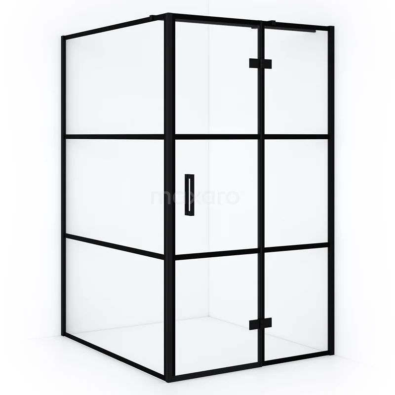 Black industrial shower enclosure with glass and matte black profiles, ideal for modern bathroom design.