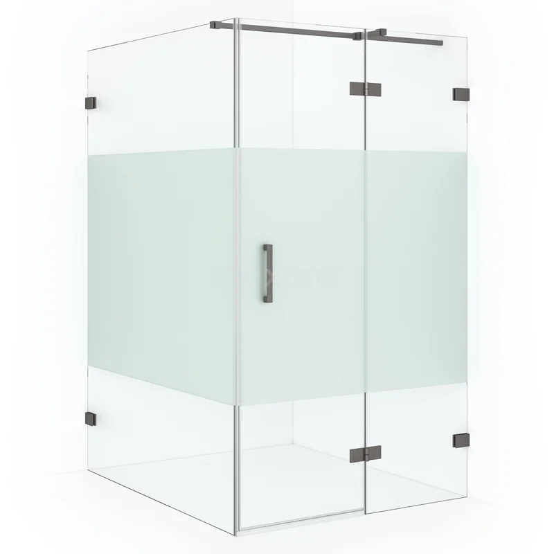 Shower enclosure with matte white strip, corner arrangement, stainless steel hinges and modern design for a stylish bathroom.
