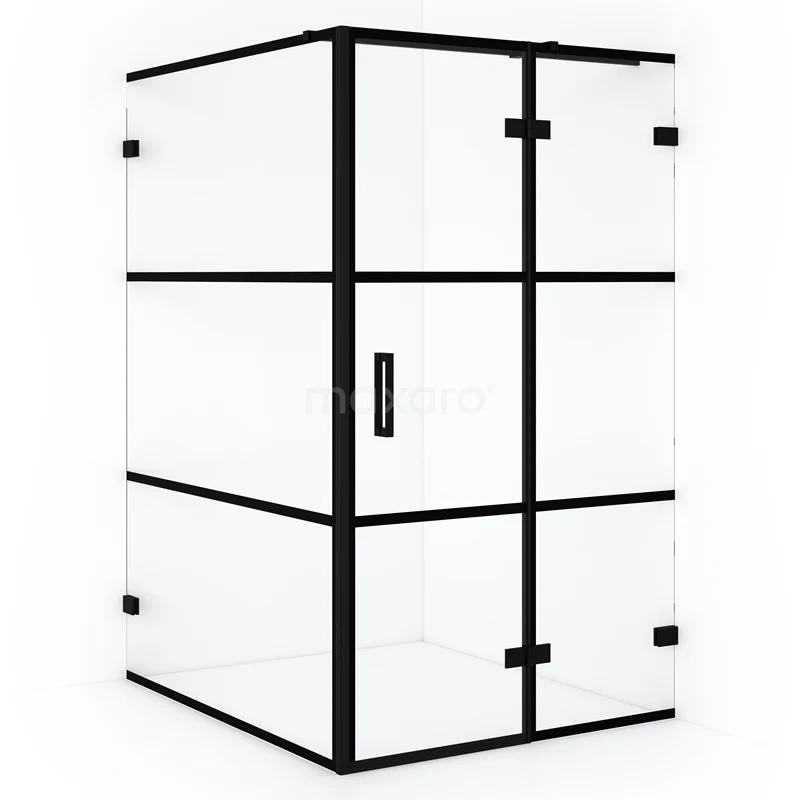 Modern rectangular shower enclosure with black metal frame, clear glass and pivot door, perfect for contemporary bathrooms.