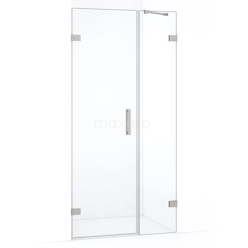Glass shower door with hinges, transparent design, stainless steel handle, ideal for modern bathrooms.