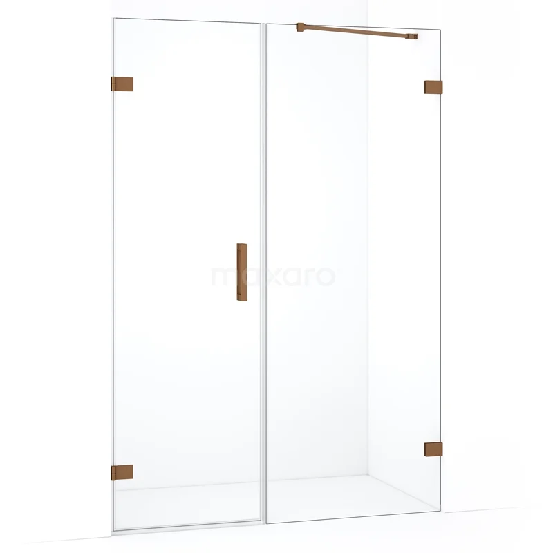 Glazen douchedeur met messing scharnieren en handgreep, minimalistisch design, ideaal voor een stijlvolle badkamer.