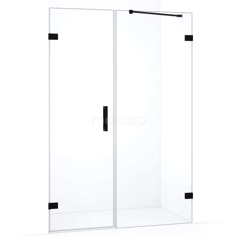 Glazen douchewand met zwarte accenten, draaideur en modern design; ideaal voor een stijlvolle badkamerinrichting.