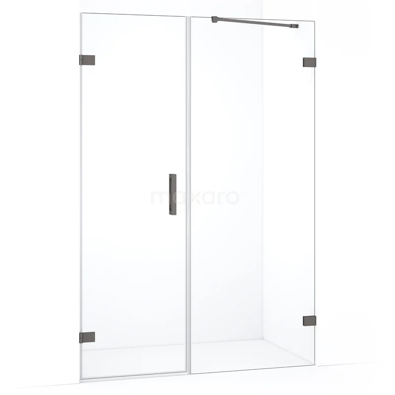 Glazen douchedeur met helder glas, RVS scharnieren en handgreep, ideaal voor een moderne badkamer.