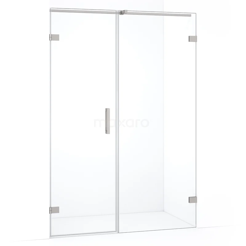 Glazen douchewand met scharnierdeur, helder glas, aluminium profielen, ideaal voor een moderne badkamerinrichting.