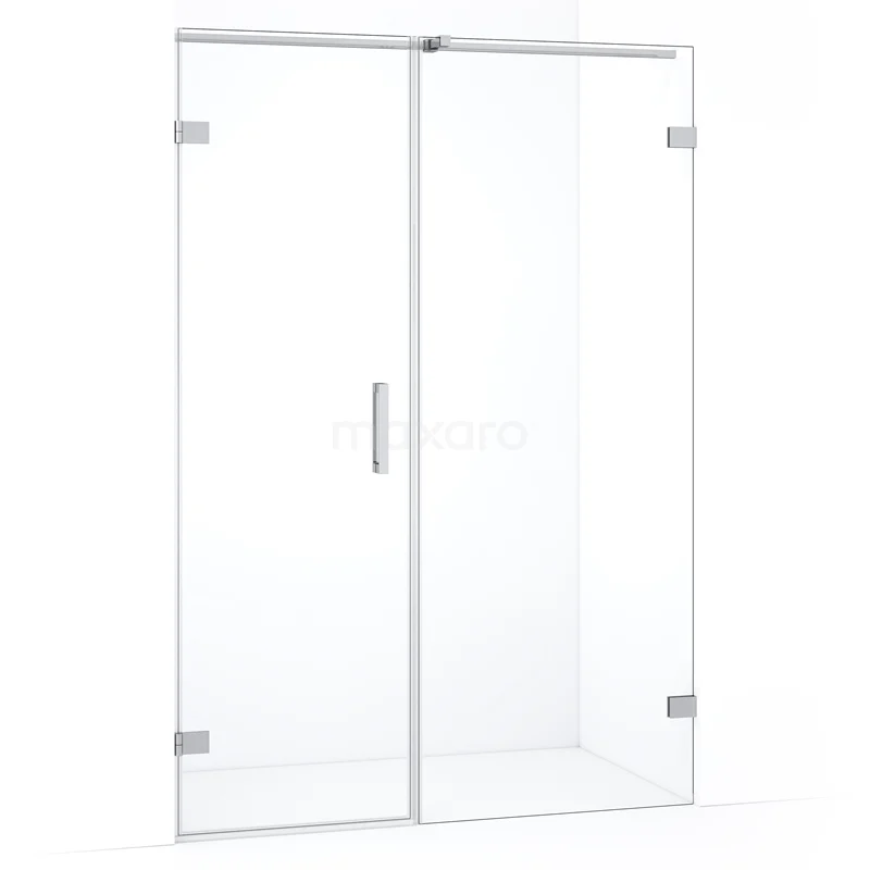 Douchedeur van helder glas met metalen scharnieren en handgreep, ideaal voor een moderne badkamerinrichting.