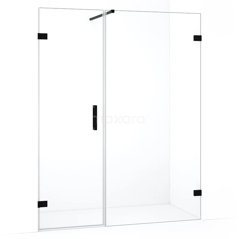 Glass shower screen with black hinges, minimal design, perfect for a modern bathroom.