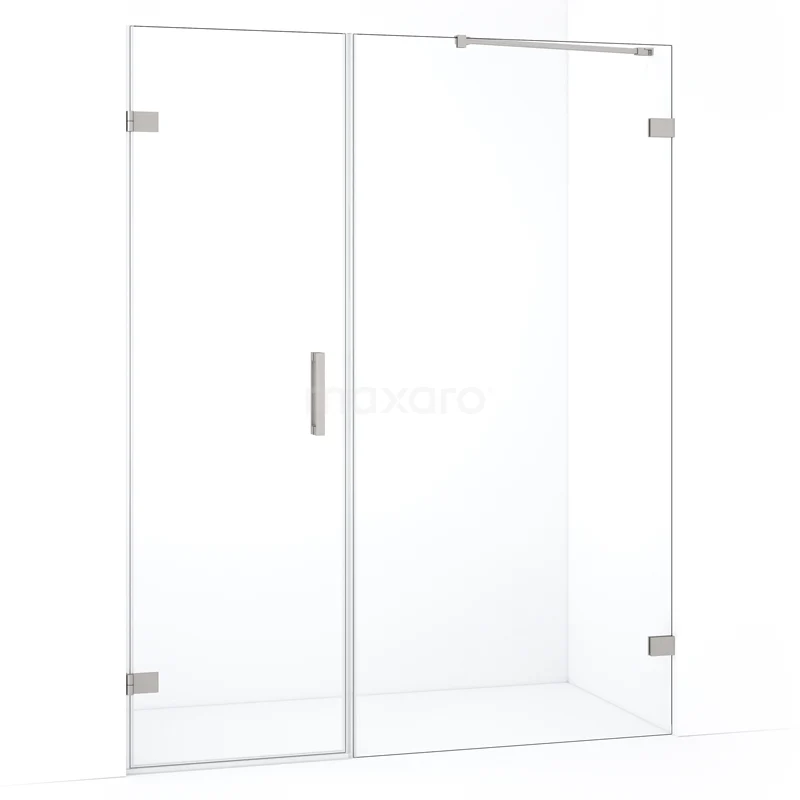 Glazen douchewand met zilverkleurige handgreep, helder veiligheidsglas, ideaal voor een moderne badkamerinrichting.