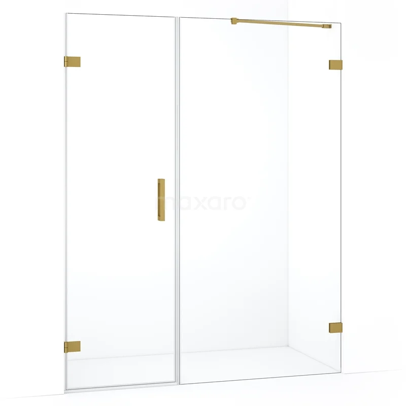 Glazen douchewand met gouden accenten, schuifdeur en strak design, ideaal als stijlvolle toevoeging aan moderne badkamers.