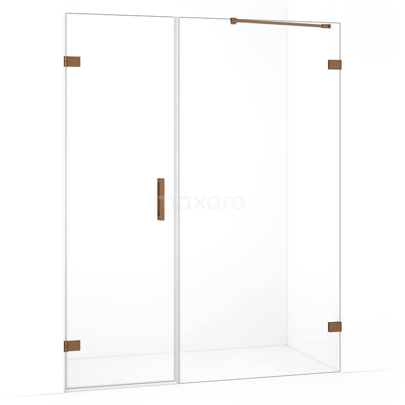 Glazen douchewand met schuifdeur, helder glas en koperkleurige details, ideaal voor een stijlvolle en moderne badkamer.