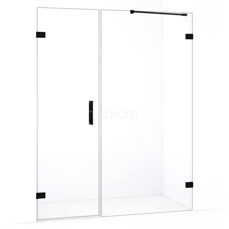 Douchewand met schuifdeur, helder glas, zwart mat beslag, modern design, perfect voor een stijlvolle badkamer.