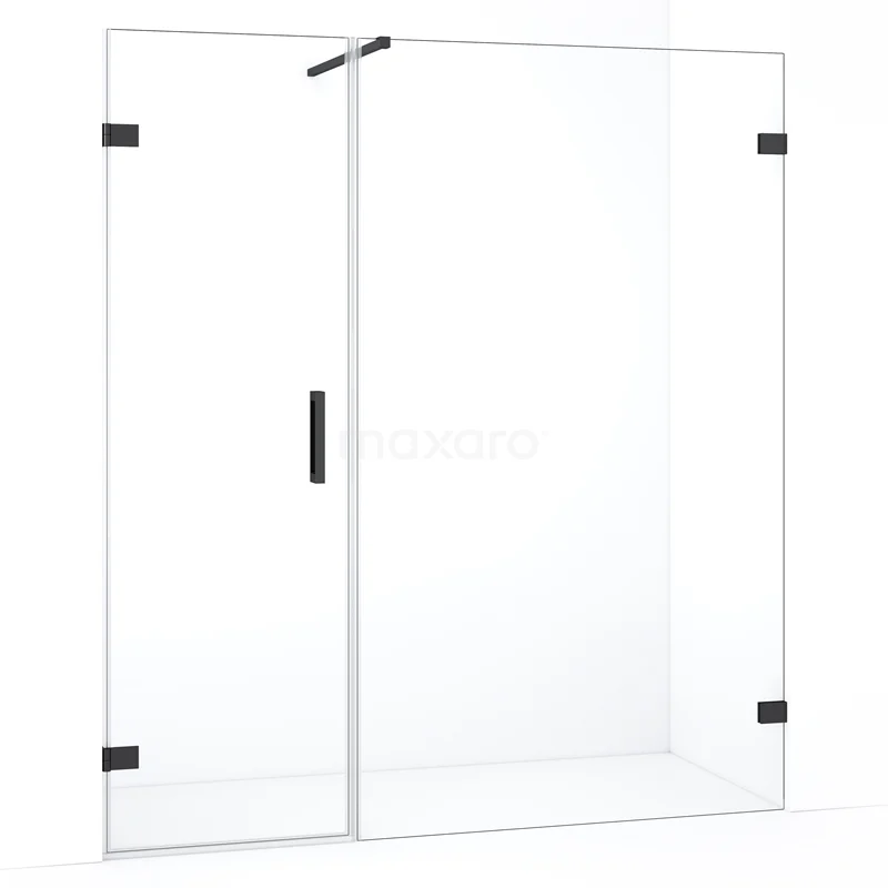 Glazen douchewand met zwart metalen accenten, strak design en draaideur, ideaal voor een moderne badkamerstijl.